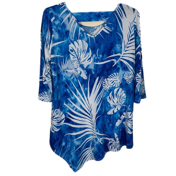 Clara Sun Woo Asymmetrical Tropical Palm Leaf Tunic Top Blouse L Blue White - Picture 4 of 7